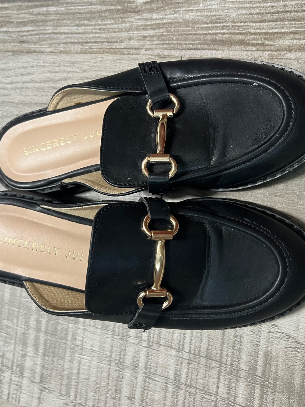 Sincerly Jules Black Leather Mule with Gold Horsebit